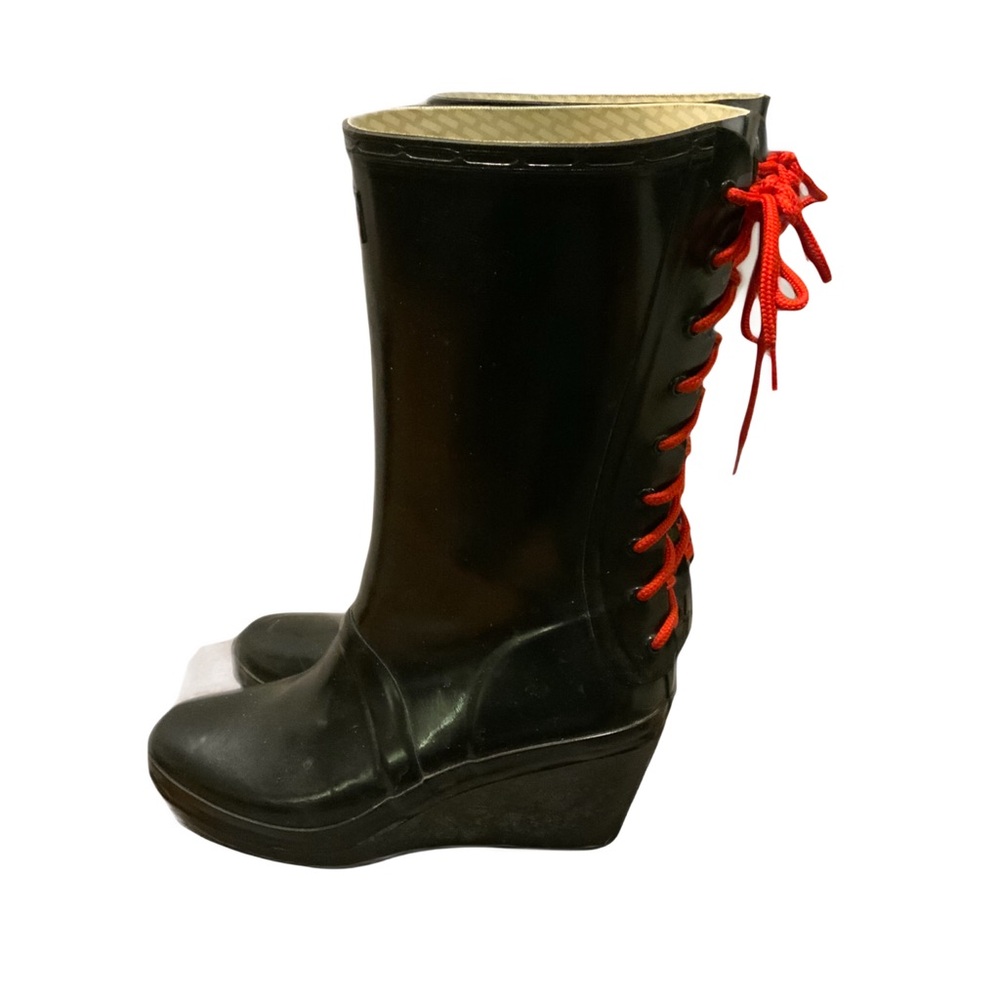 Hunter Classic Black Wedge Boots With Laced Back